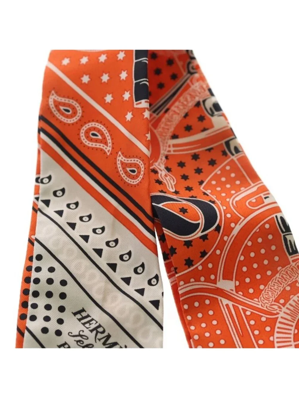 Hermes Eperon D'or Cut Apron Cut Bandana Pattern Silk Scarf Orange White